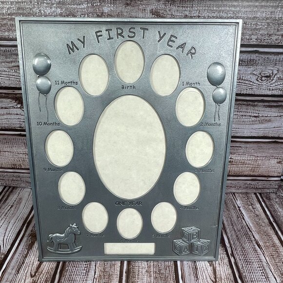 MY FIRST YEAR Baby Photo Picture Frame Brushed Nickel 13 Photo Openings NOB NEW - Picture 2 of 10